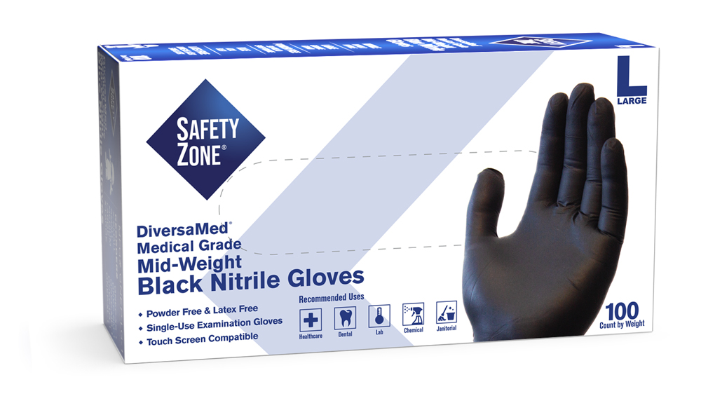 GNEP-SIZE-K Safety Zone® DiversaMed Black Nitrile Exam Gloves (5.3-mil) 
